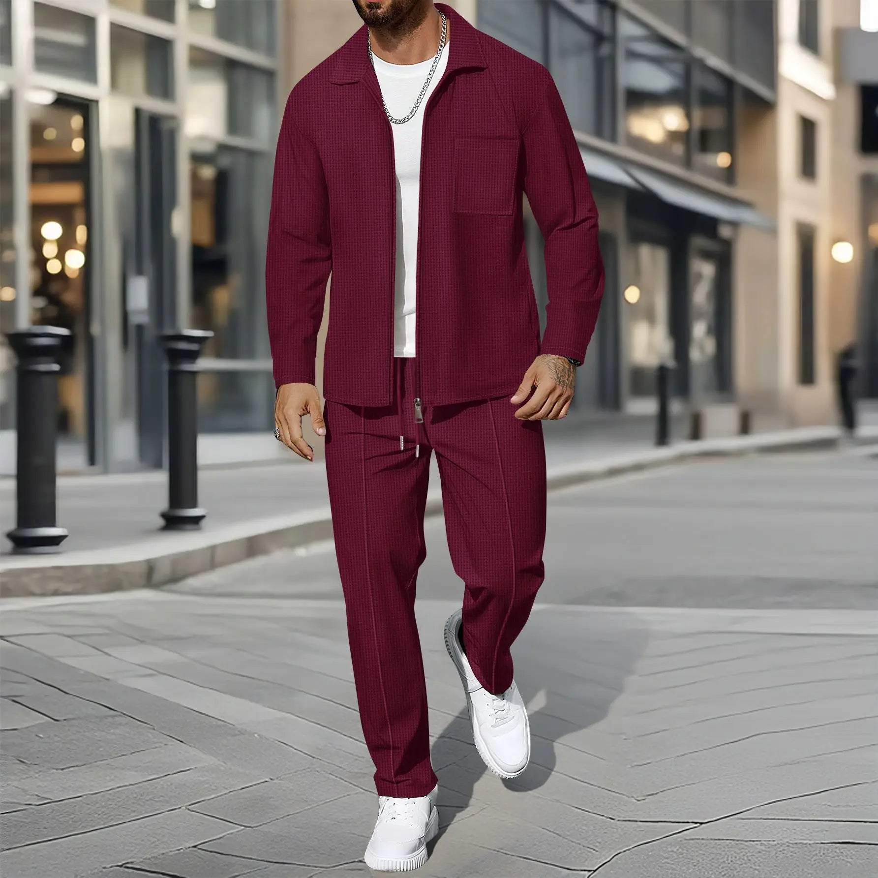 Herren Business Casual Zweiteiliges Set Frühling Herbst Waffel Reißverschluss Hemd Mantel und Hose Trendiges modisches Outfit